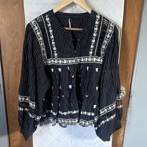 Free People Black and White Embroidered Blouse